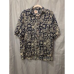 Mango Moon mens L Rayon Hawaiian shirt blue tropical hand block print boho boxy